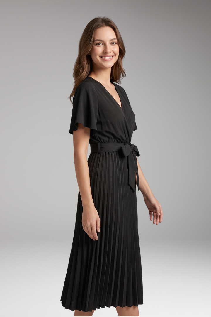 Women's Knee-Length Pleated Dress with High Waist and V-Neck