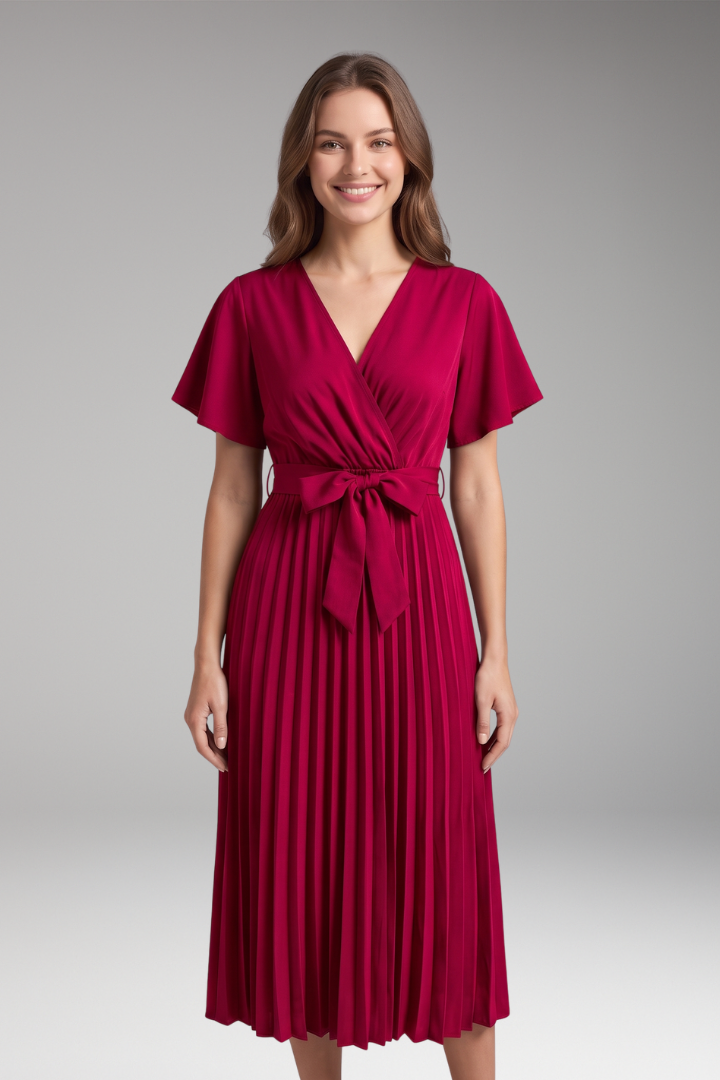 Women's Knee-Length Pleated Dress with High Waist and V-Neck