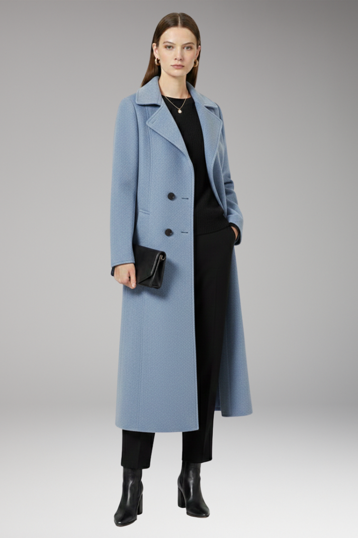 Women's Long Coat with Turned-Down Collar and Welt Pockets
