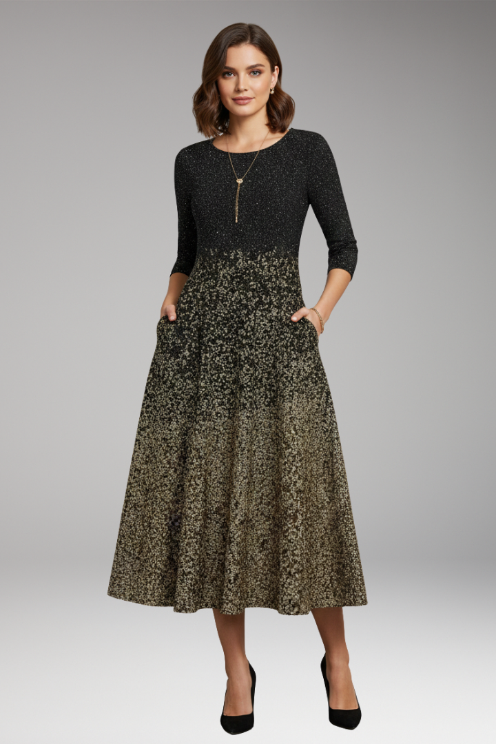Women's Midi Dress with Side Pockets and Three-Quarter Sleeves