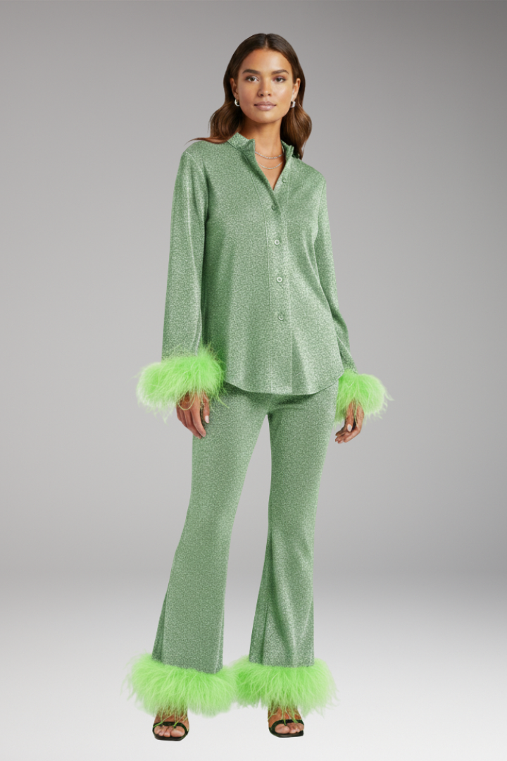 Women's Set with Button Front and Feather Trim