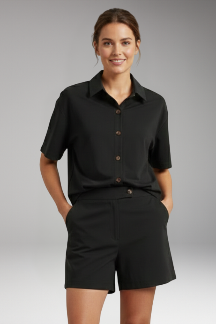 Women's Two Piece Set with Button Shirt and Waist Shorts