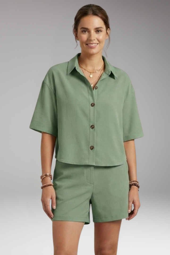 Women's Two Piece Set with Button Shirt and Waist Shorts
