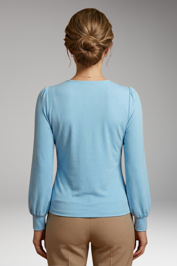 Women’s V-Neck Blouse with Ruched Waist and Long Sleeves