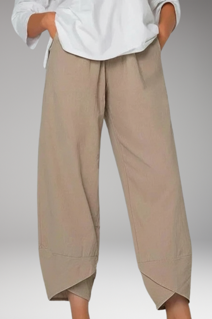Women's Cropped Pants with Overlapping Hem and Side Pockets