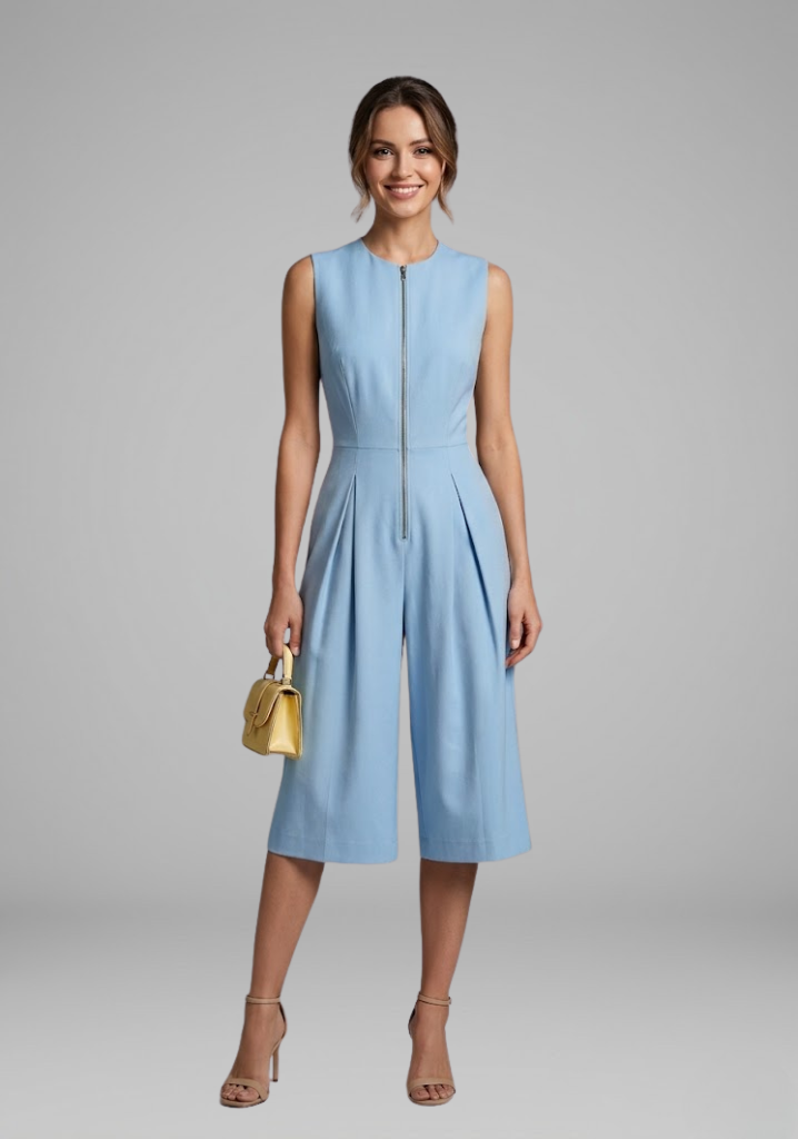 Women's cropped round neck cropped leg jumpsuit with Front Zipper for Summer