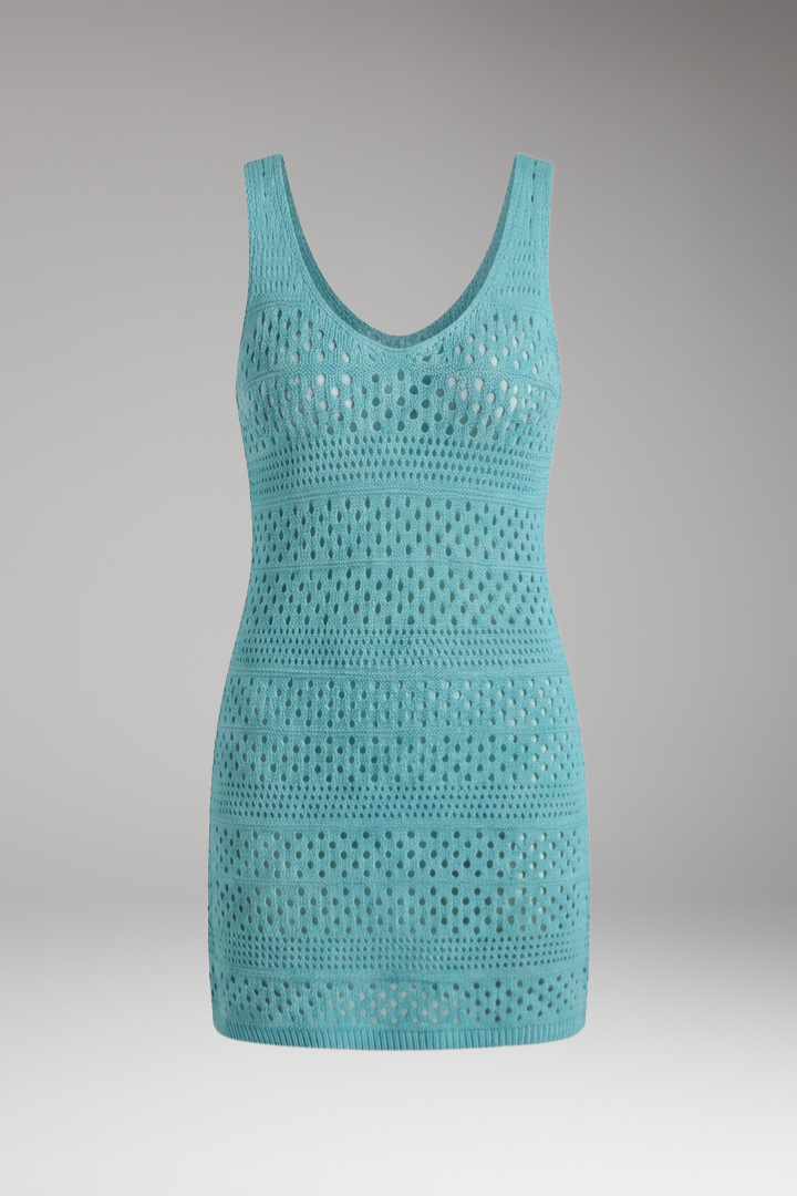 Women's boho chic sleeveless crochet mesh fitted mini dress with scoop neckline
