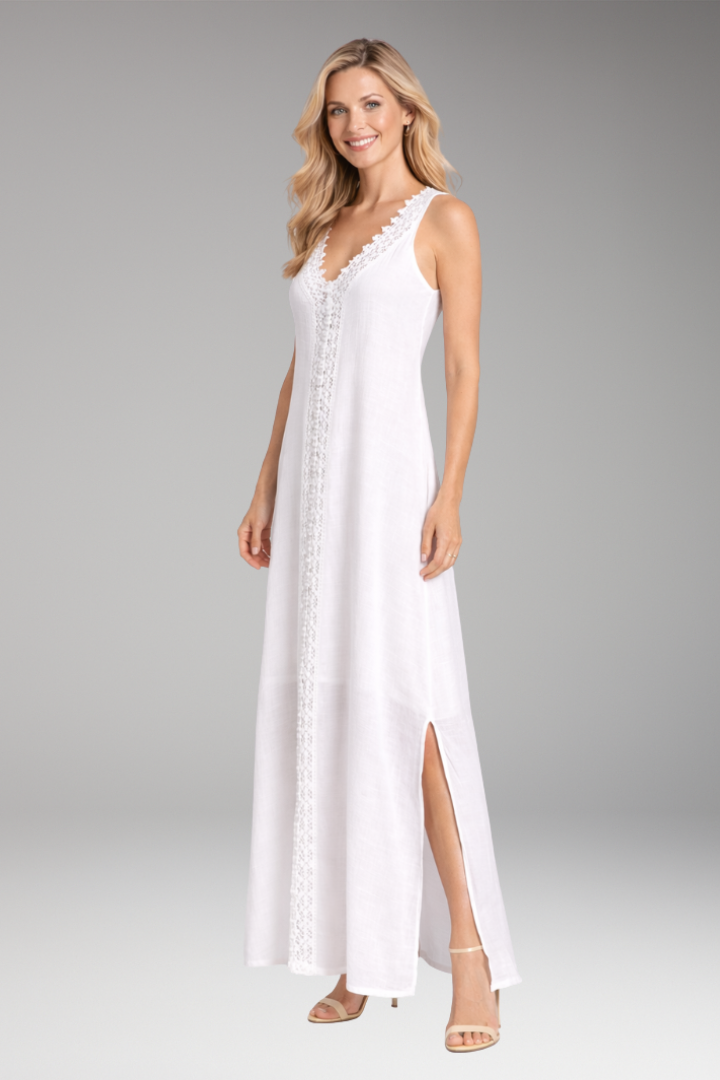 Women's boho sleeveless V-neck lace trim maxi dress