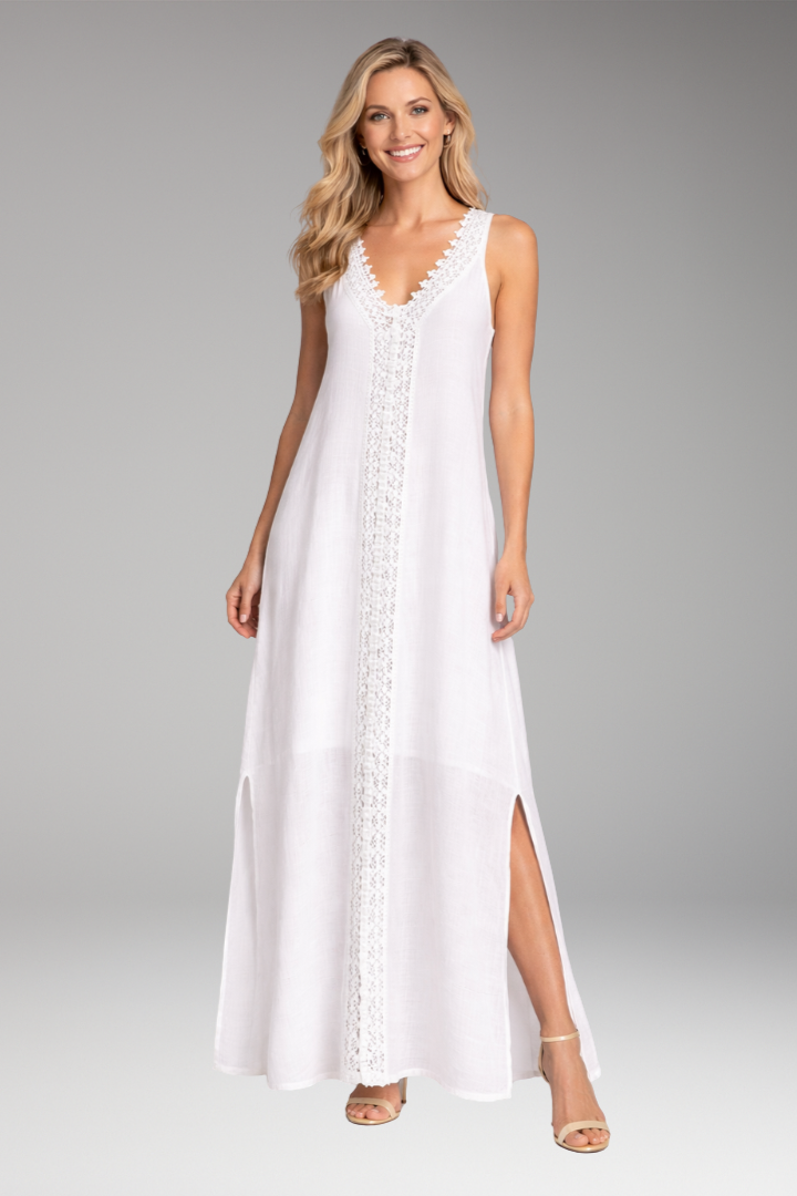 Women's boho sleeveless V-neck lace trim maxi dress