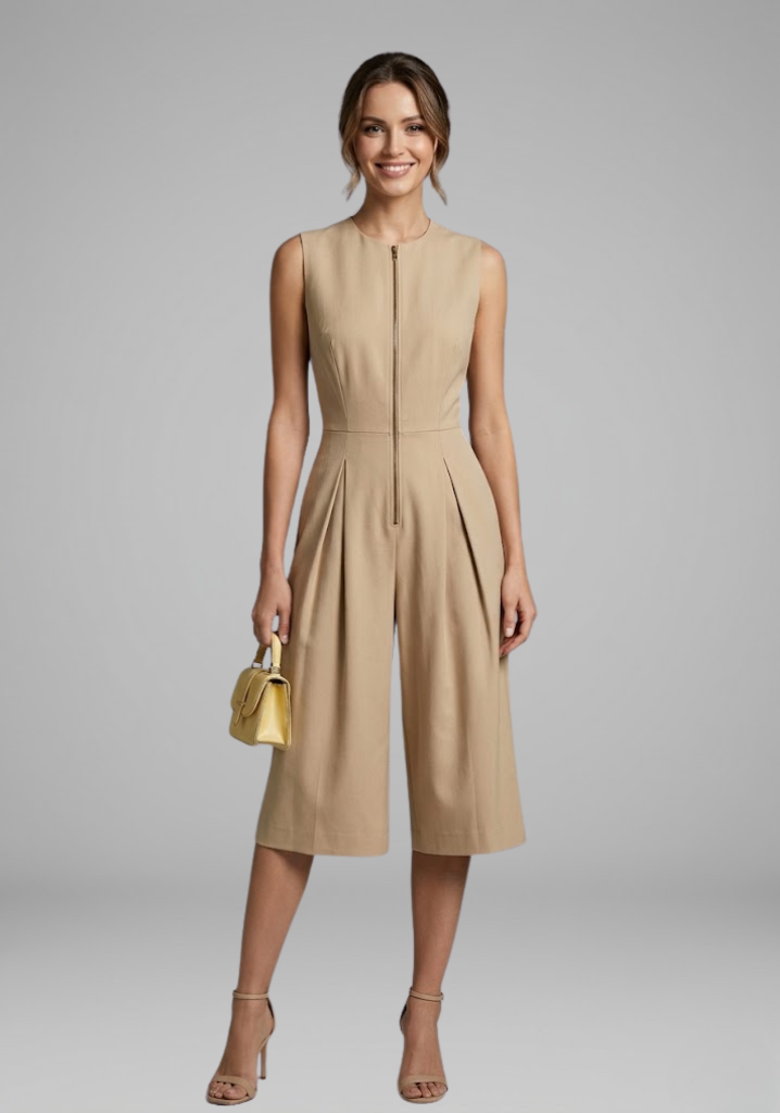 Women's cropped round neck cropped leg jumpsuit with Front Zipper for Summer