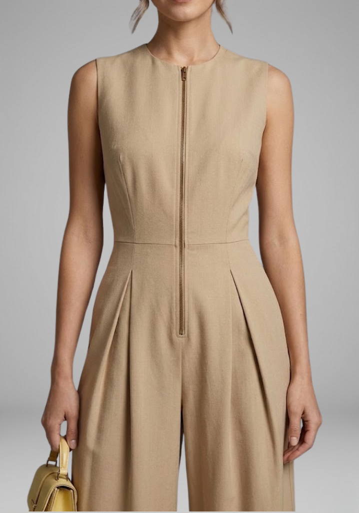 Women's cropped round neck cropped leg jumpsuit with Front Zipper for Summer