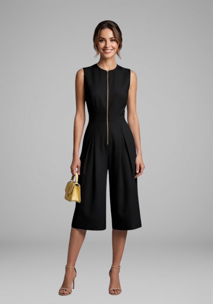 Women's cropped round neck cropped leg jumpsuit with Front Zipper for Summer