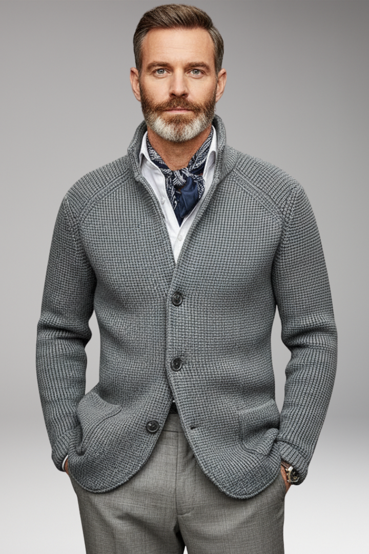 Men's Knit Blazer with Stand Collar and Pockets