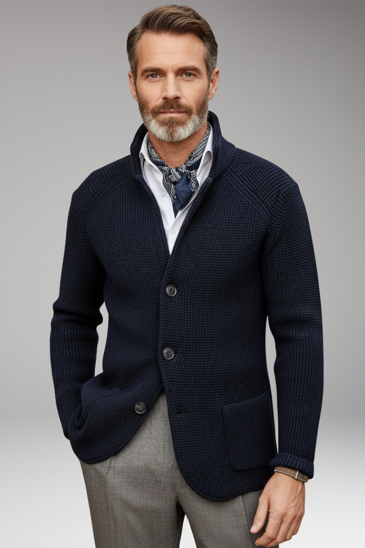 Men's Knit Blazer with Stand Collar and Pockets