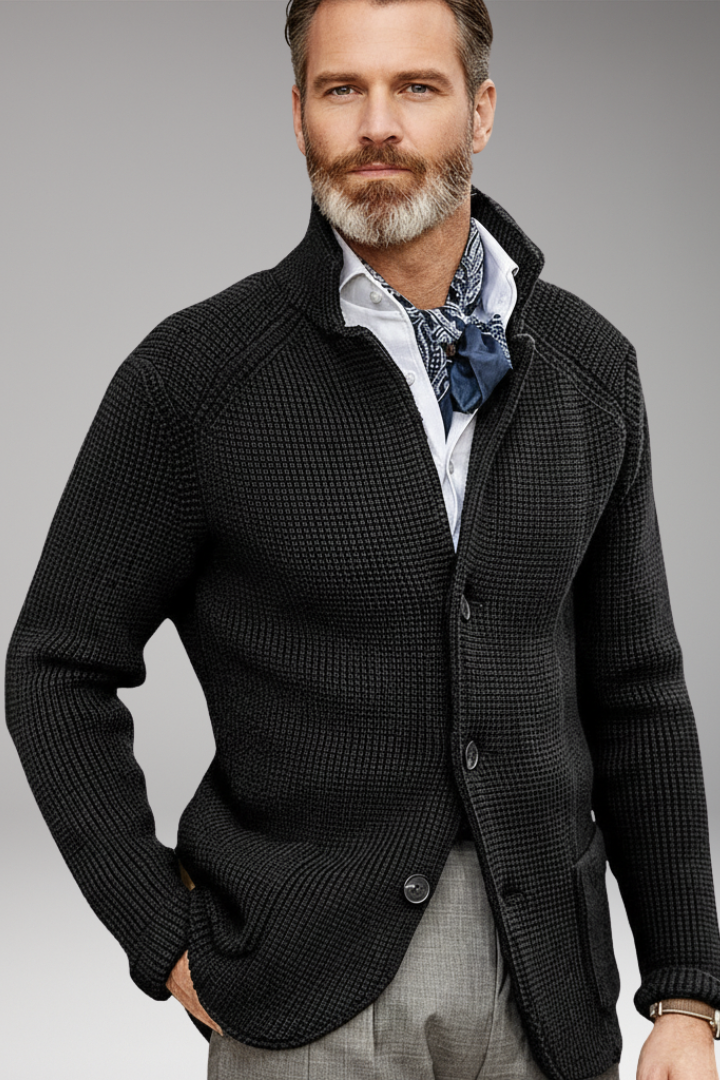 Men's Knit Blazer with Stand Collar and Pockets